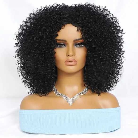 Pruik afro kleine spiraalkrullen schouderlang model 1037 zwart