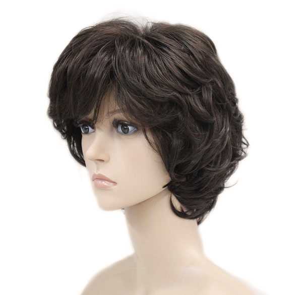 Moderne pruik kort krullend haar donkerbruin kleur 6