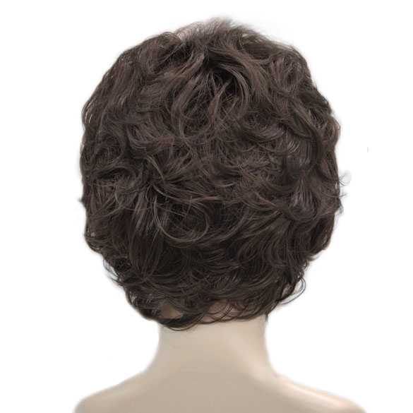 Moderne pruik kort krullend haar donkerbruin kleur 6