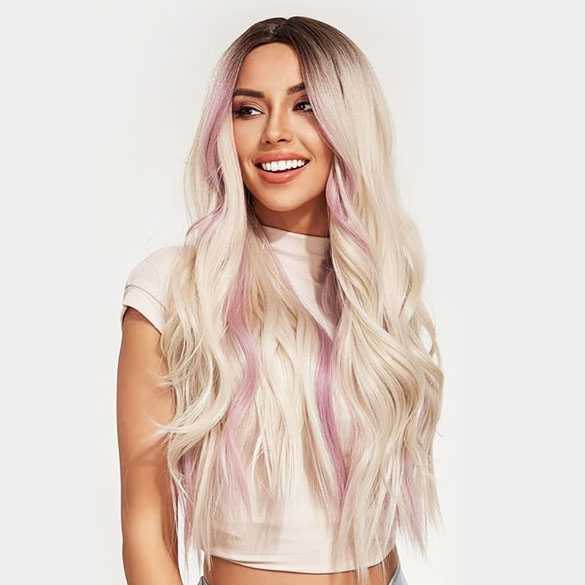 Pruik lichtblond lang haar met roze accenten