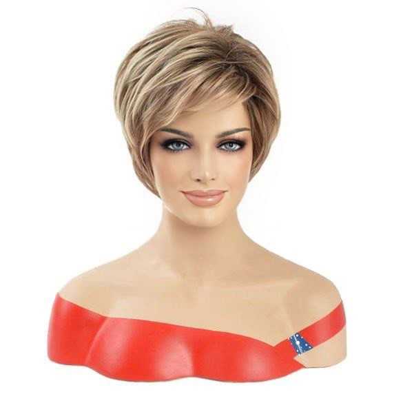 Pruik kort vlot pixie model blond bruin mix in laagjes
