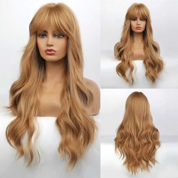 Pruik lang ginger roodblond haar met grove slag en pony