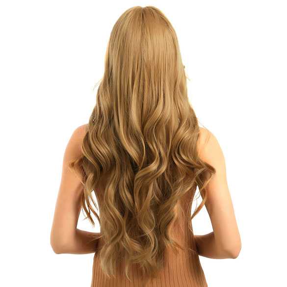 Pruik lang ginger roodblond haar met grove slag en pony