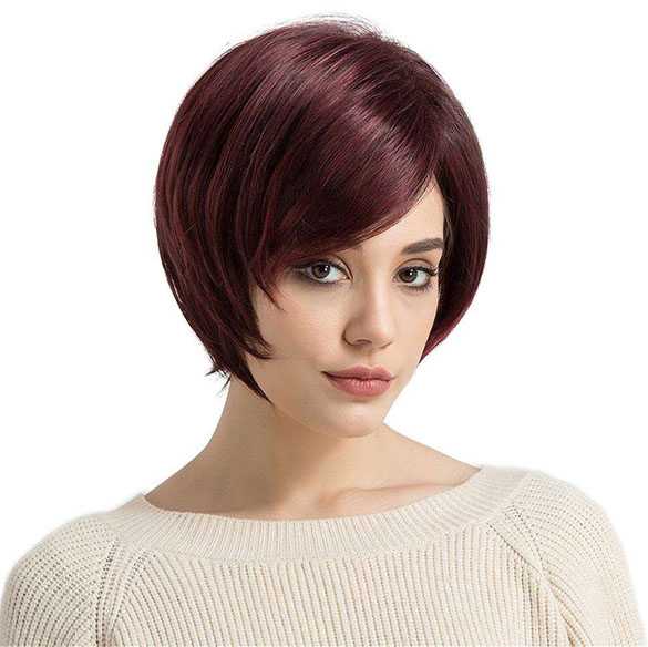 Pruik pittig kort pixie model in wijnrode kleur