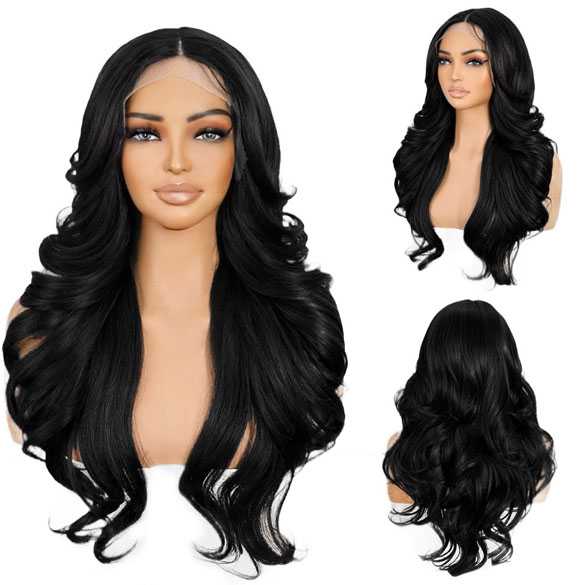 Lace front pruik lang zwart haar met slagen model Karli