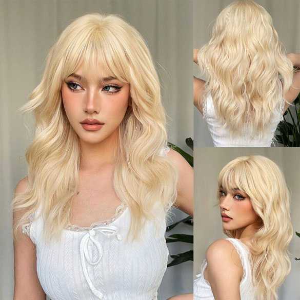 Lichtblonde pruik lang haar met slagen en pony