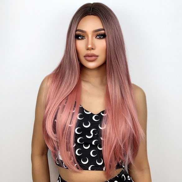 Pruik lang steil haar in smoke pink model 338