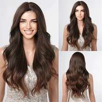 Luxe pruik lang krullend haar in bruinmix zonder pony model Patti