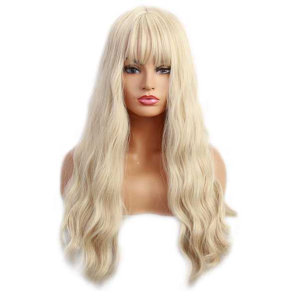 Pruik lang golvend lichtblond haar met pony model 205