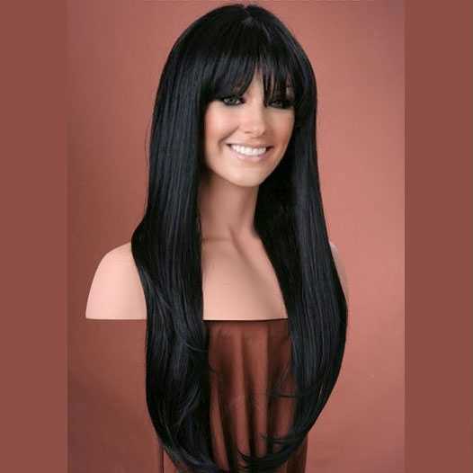 Pruik mix met echt haar lang zwart met pony model Trisha kleur 1b