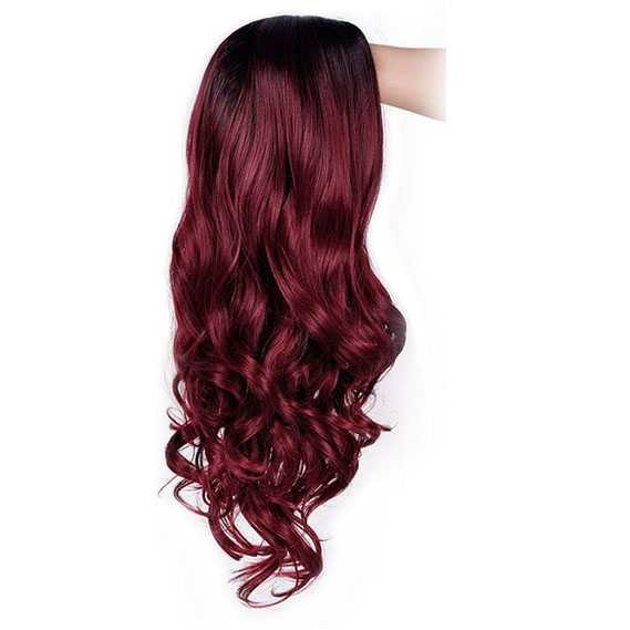 Pruik ombre wijnrood lang haar met donkere top