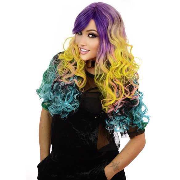 Carnaval pruik mixed colors lang haar met krullen