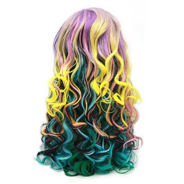 Mooie volle carnaval unicorn pruik mixed colors lang met krullen
