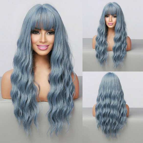 Pruik lang blauw golvend haar met pony