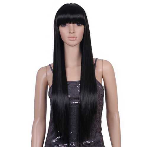 Pruik met lang zwart steil haar en rechte pony