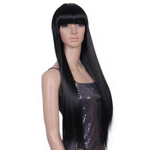 Pruik met lang zwart steil haar en rechte pony