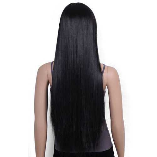 Pruik met lang zwart steil haar en rechte pony