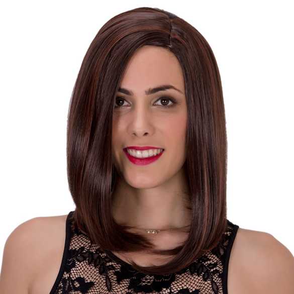 Mooie pruik bob model kastanjebruin met highlights