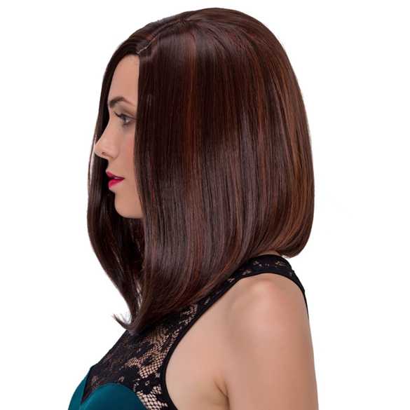 Mooie pruik bob model kastanjebruin met highlights