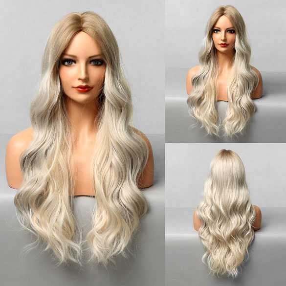 Pruik lang grijsblond haar met slagen zonder pony model 5302
