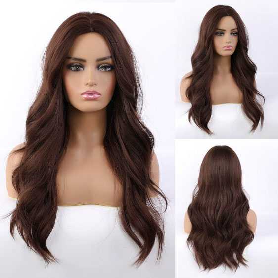 Pruik medium donkerbruin lang haar model 133