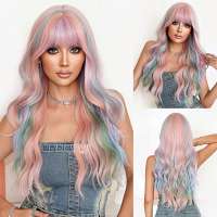 Luxe pruik pastel multi color lang haar met pony