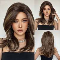 Pruik lang steil haar bruin met highlights model 1002