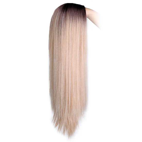 Pruik ombre roomblond lang steil haar met donkere uitgroei