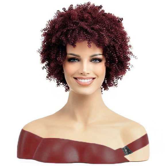 Pruik kort wijnrood funky haar afro kroes spiraalkrullen