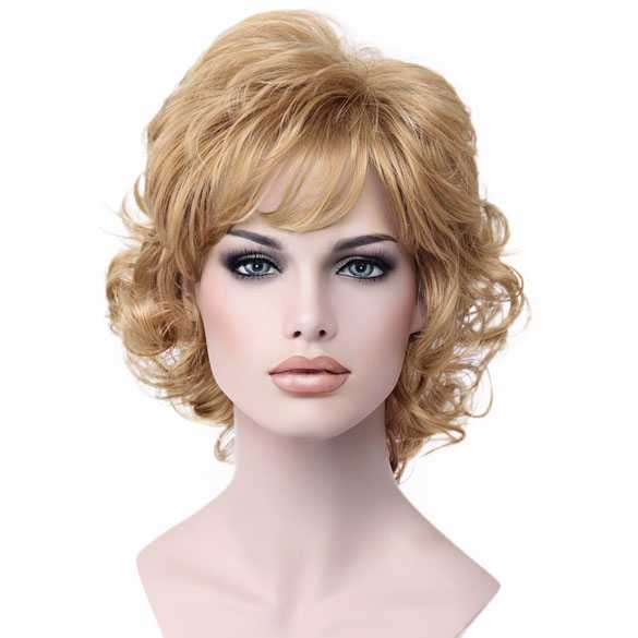 Moderne pruik kort krullend haar goudblond kleur 24B