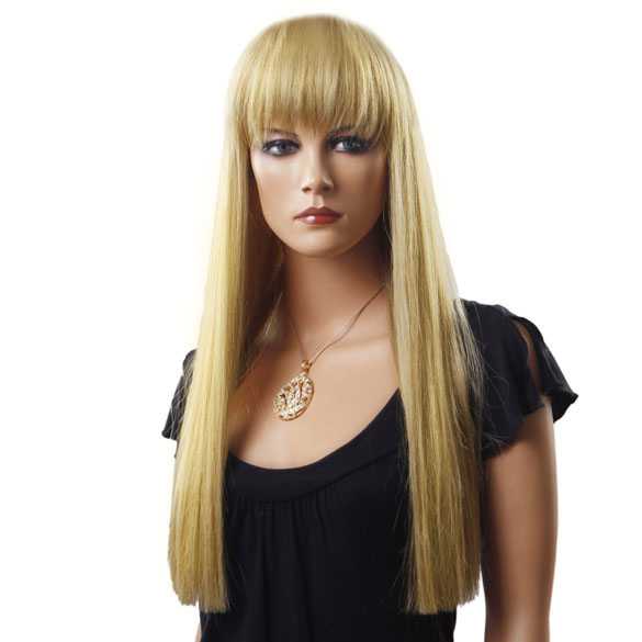 Luxe pruik blond lang steil haar met rechte pony