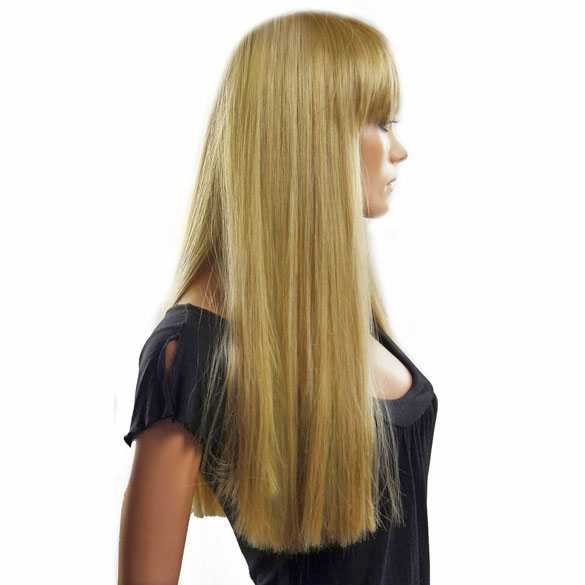 Luxe pruik blond lang steil haar met rechte pony