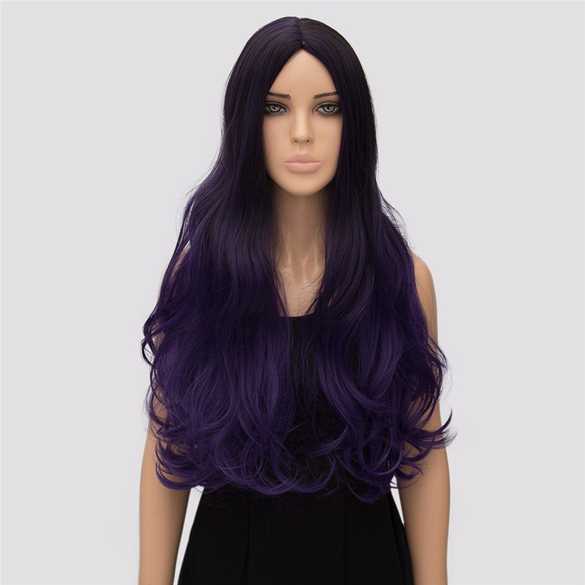 Pruik zwart paars lang haar met krullen zonder pony