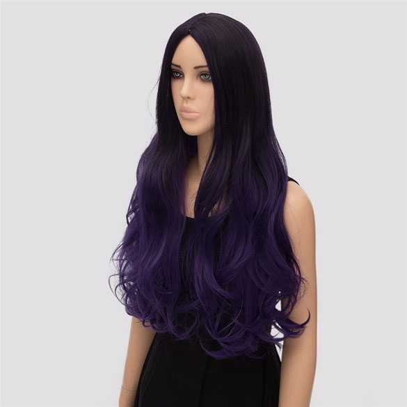 Pruik zwart paars lang haar met krullen zonder pony
