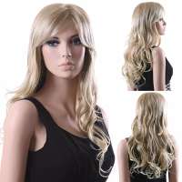 Luxe pruik lang golvend haar blond met lichtblonde puntjes