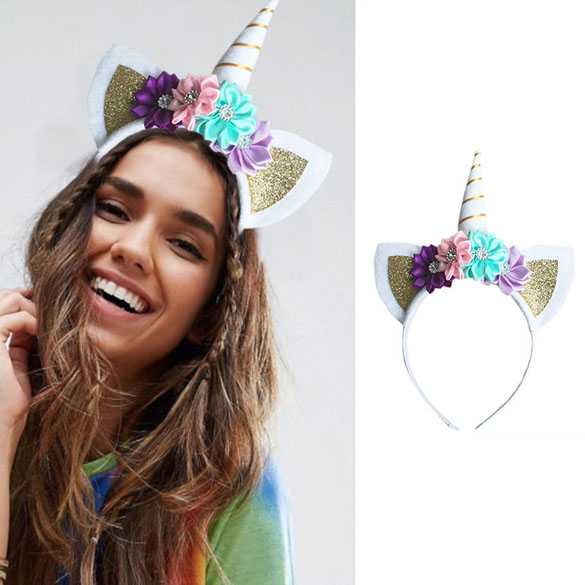 Unicorn diadeem hoorntje wit / goud met oortjes en bloemen