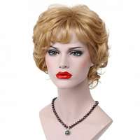 Moderne pruik kort krullend haar warm goudblond kleur 24b