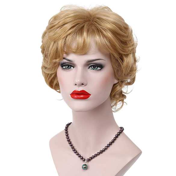 Moderne pruik kort krullend haar warm goudblond kleur 24b