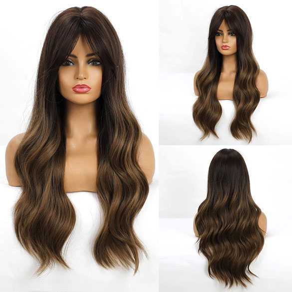 AANBIEDING : Pruik lang haar met grove slagen en donkere roots model 237