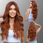 Luxe pruik lang koperrood haar met slagen zonder pony model 077