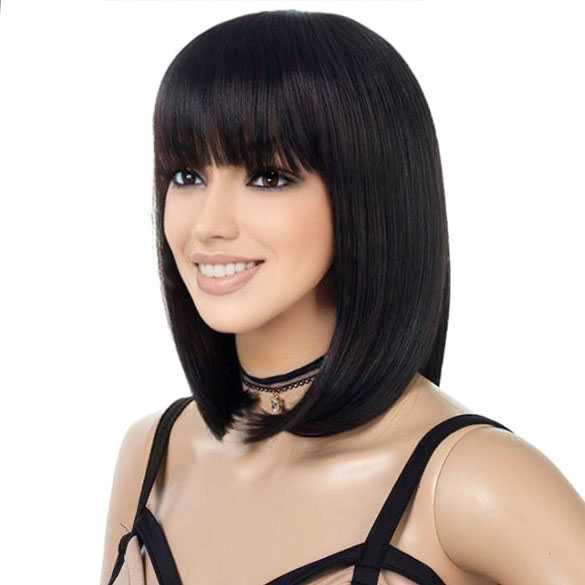 Bob model pruik kort zwart steil haar met pony