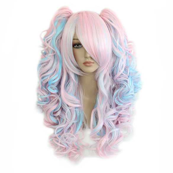 Lolita pruik roze lang haar met krullen en 2 staarten - Mooie pruiken bij PruikenPlaza
