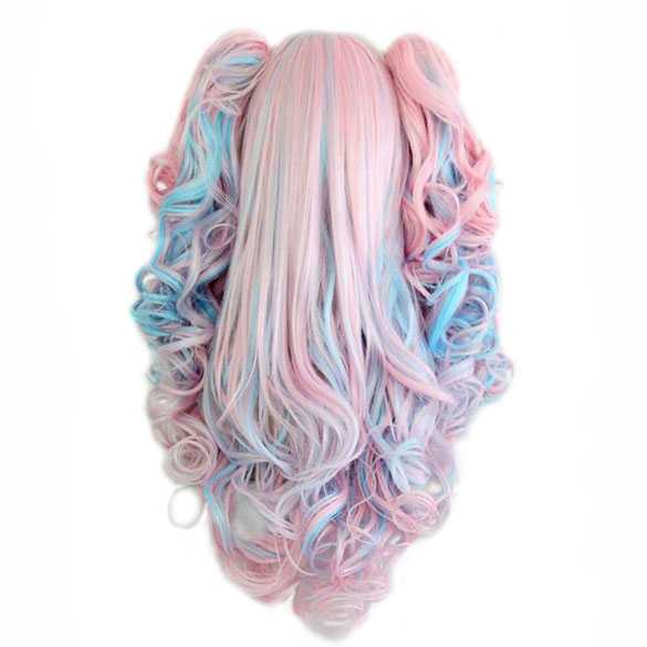 Lolita pruik roze blauw lang haar met krullen en 2 staarten