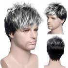 Mannenpruik met kort zwart / zilverwit haar in laagjes Mannenpruik met kort zwart / zilverwit haar in laagjes