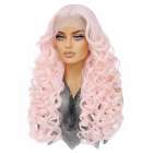Luxe lace front pruik lang pastel roze haar met zachte krullen
