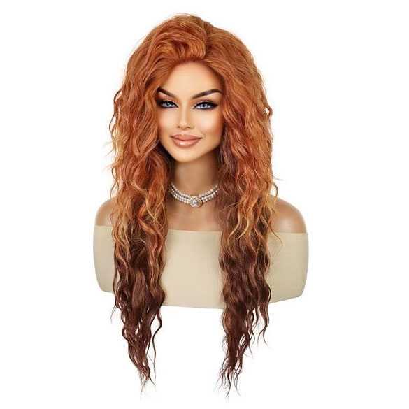 Pruik met lang oranje haar model 9618