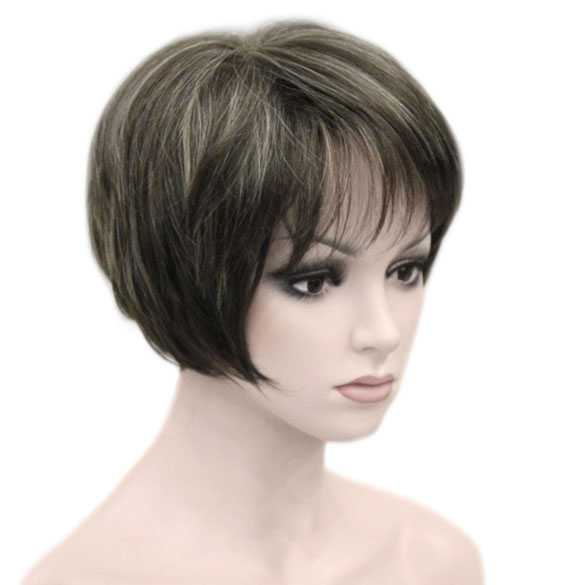 Trendy pruik kort haar in laagjes lichtbruin met highlights