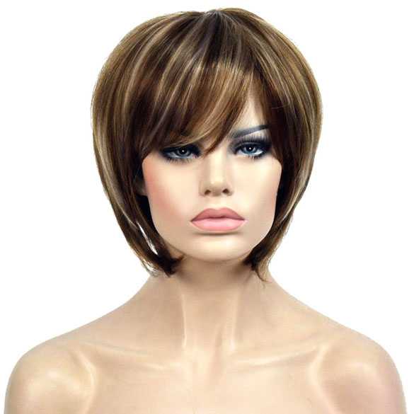 Pruik kort vlot model steil haar in laagjes coffee mix met highights