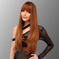 Pruik lang haar grove slag koper rood met pony model Anna
