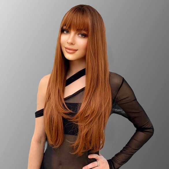 Pruik lang haar grove slag koper rood met pony model Anna